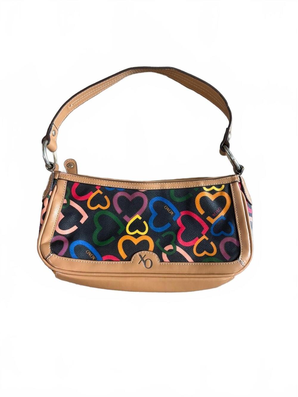 XOXO Women's Shoulder Bag Multicolor Hearts Vinyl Tan Faux Leather Trim
